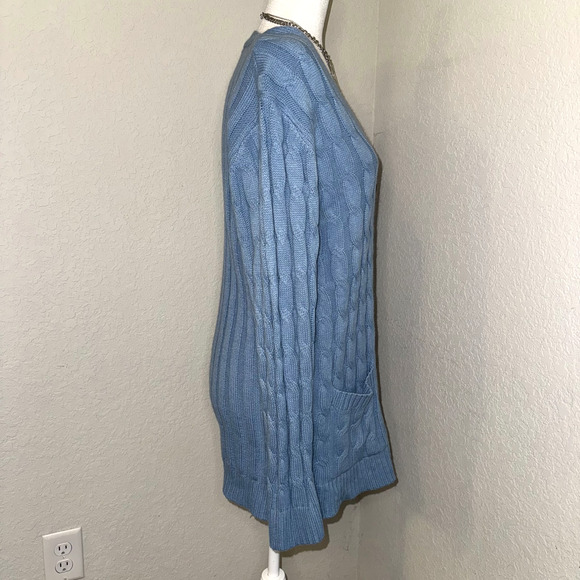 Cardigan Sweater Women’s Large Blue Cable Knit Pockets Long Sleeve Button Preppy - Picture 2 of 9